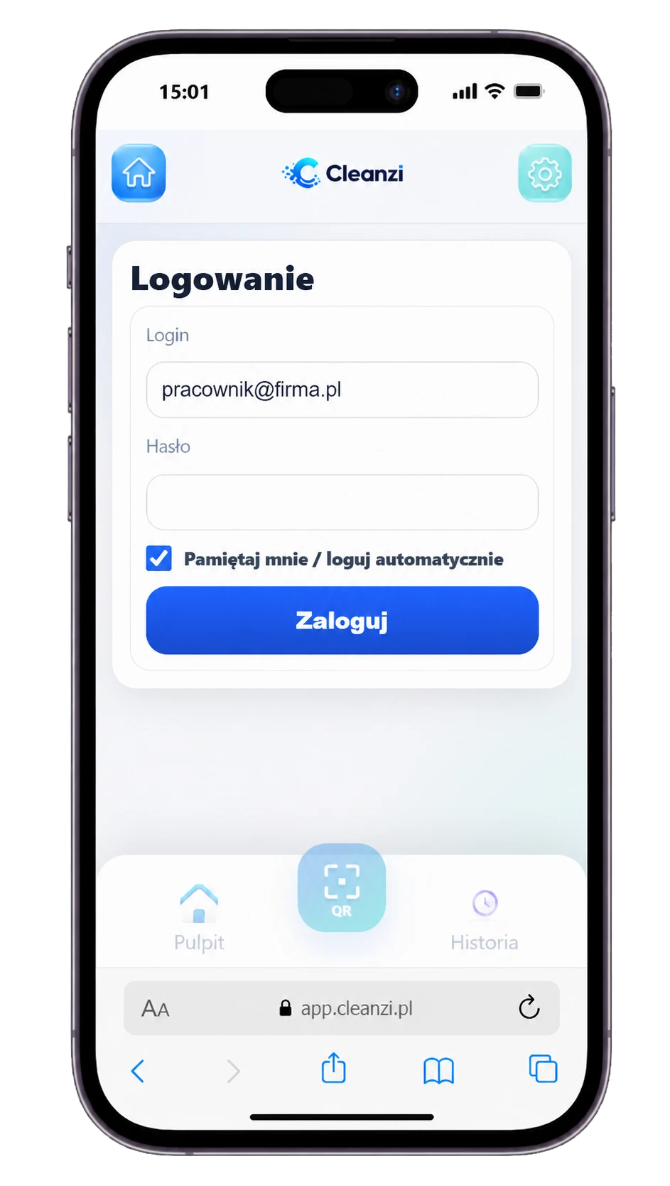 Ekran logowania do aplikacji Cleanzi pracownika z neutralnym przykładowym adresem e-mail