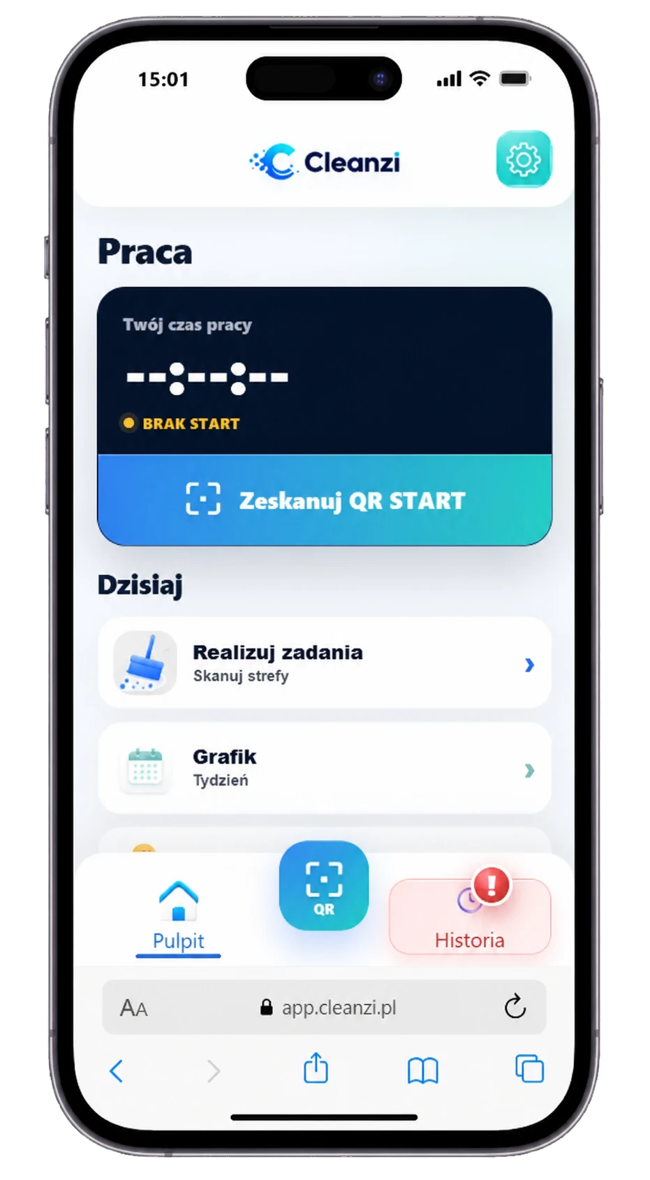 Pulpit aplikacji Cleanzi pracownika z przyciskiem skanowania QR START i zadaniami na dziś